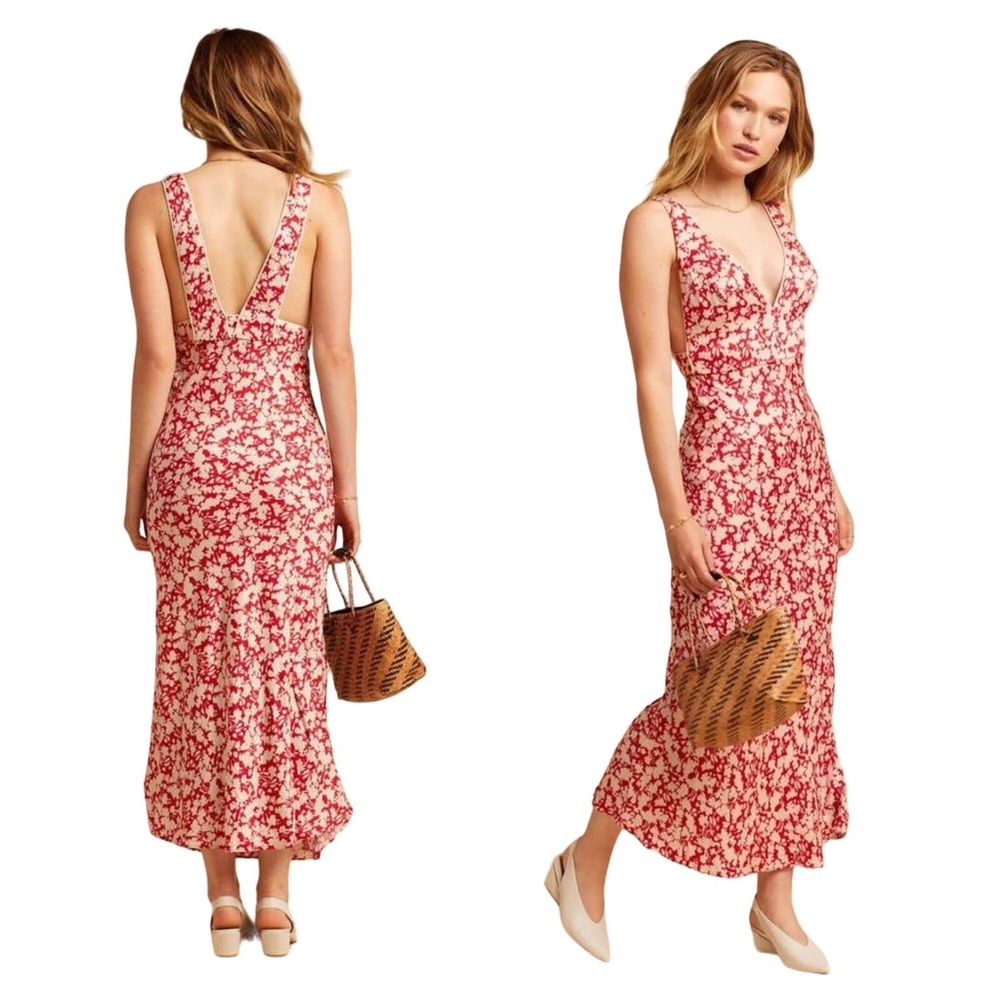 Free People Oh La La Bias Midi Dress in Red Cream Floral Size 0